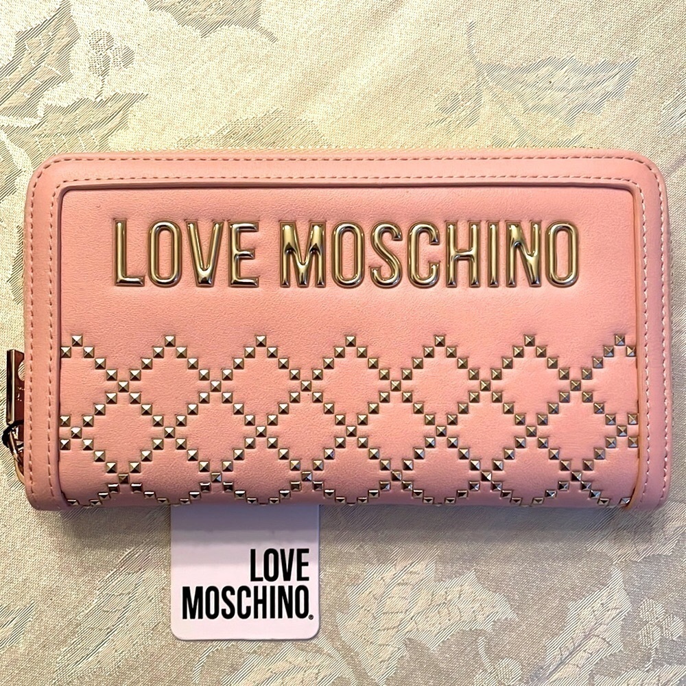 Brand New Love Moschino Pink Gold Studded Zip Around Portafogli Nero Wallet